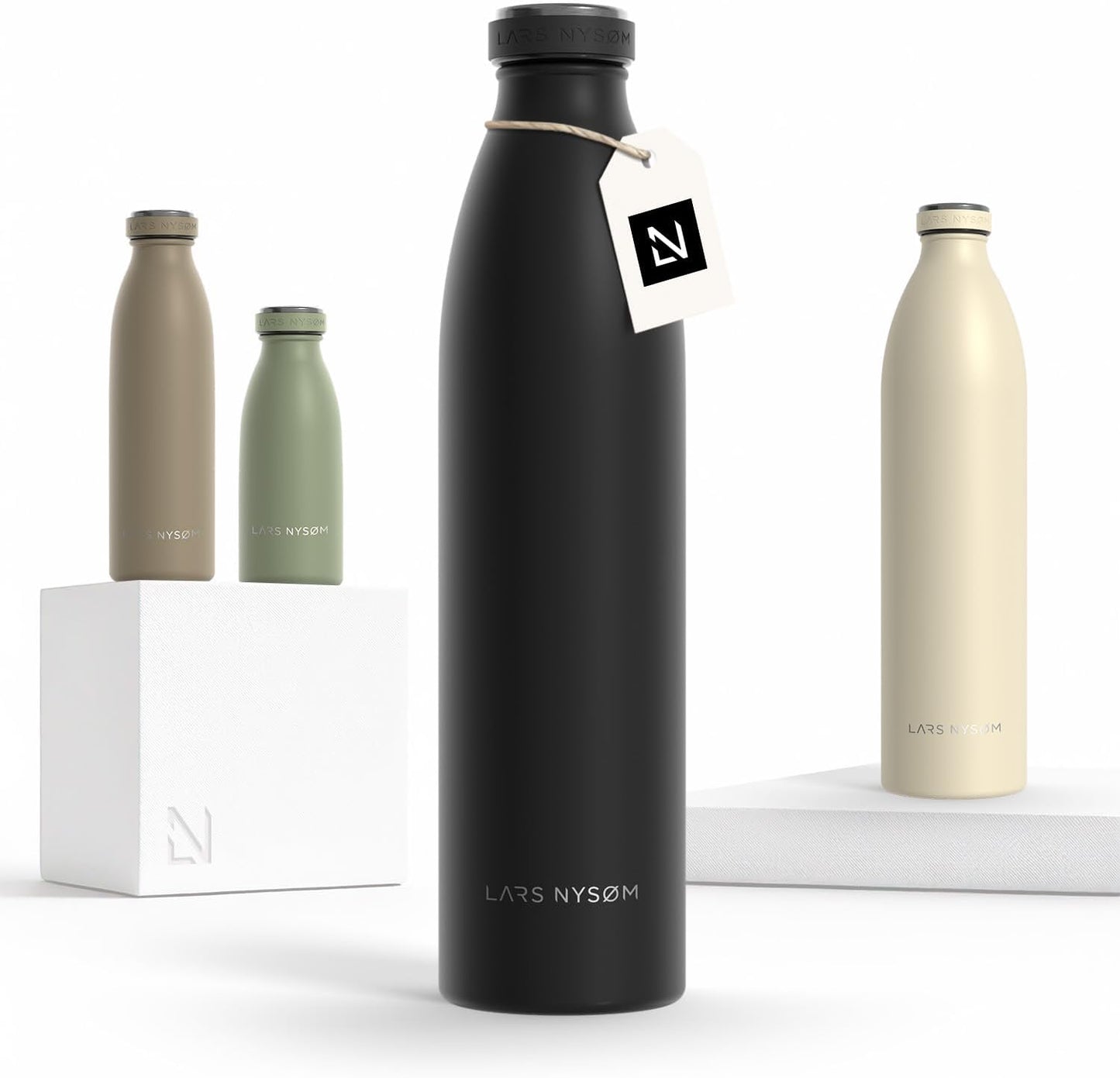 LARS NYSØM Stainless Steel Insulated Water Bottle 12oz 17oz 25oz 34oz 51oz | Insulated Thermo Flask for Hot and Cold Beverages | Leakproof Drinking Bottle (Carbon Black, 33.9oz)