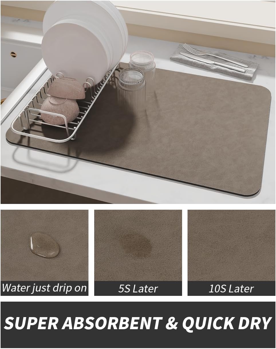 AMOAMI Coffee Mat Hide Stain Rubber Backed Absorbent Dish Drying Mat for Kitchen Counter - Brown, Fits Under Coffee Maker & Machine