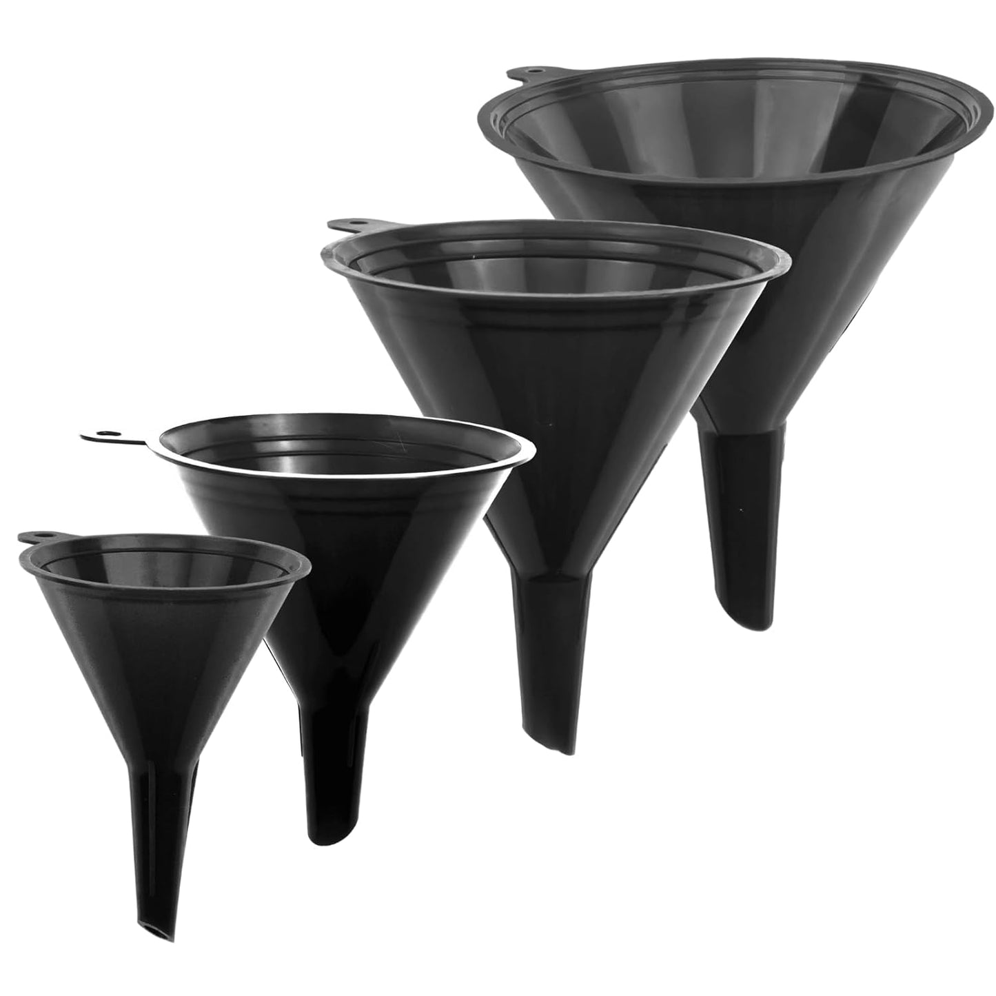 Funnels for Kitchen Use – Black Set in 4 Sizes (122, 101, 76 & 50mm) | Durable, Non-Toxic Food Grade Plastic – Ideal for Filling Bottles, Jars & Containers | Perfect for Kitchen, Garage & Labs