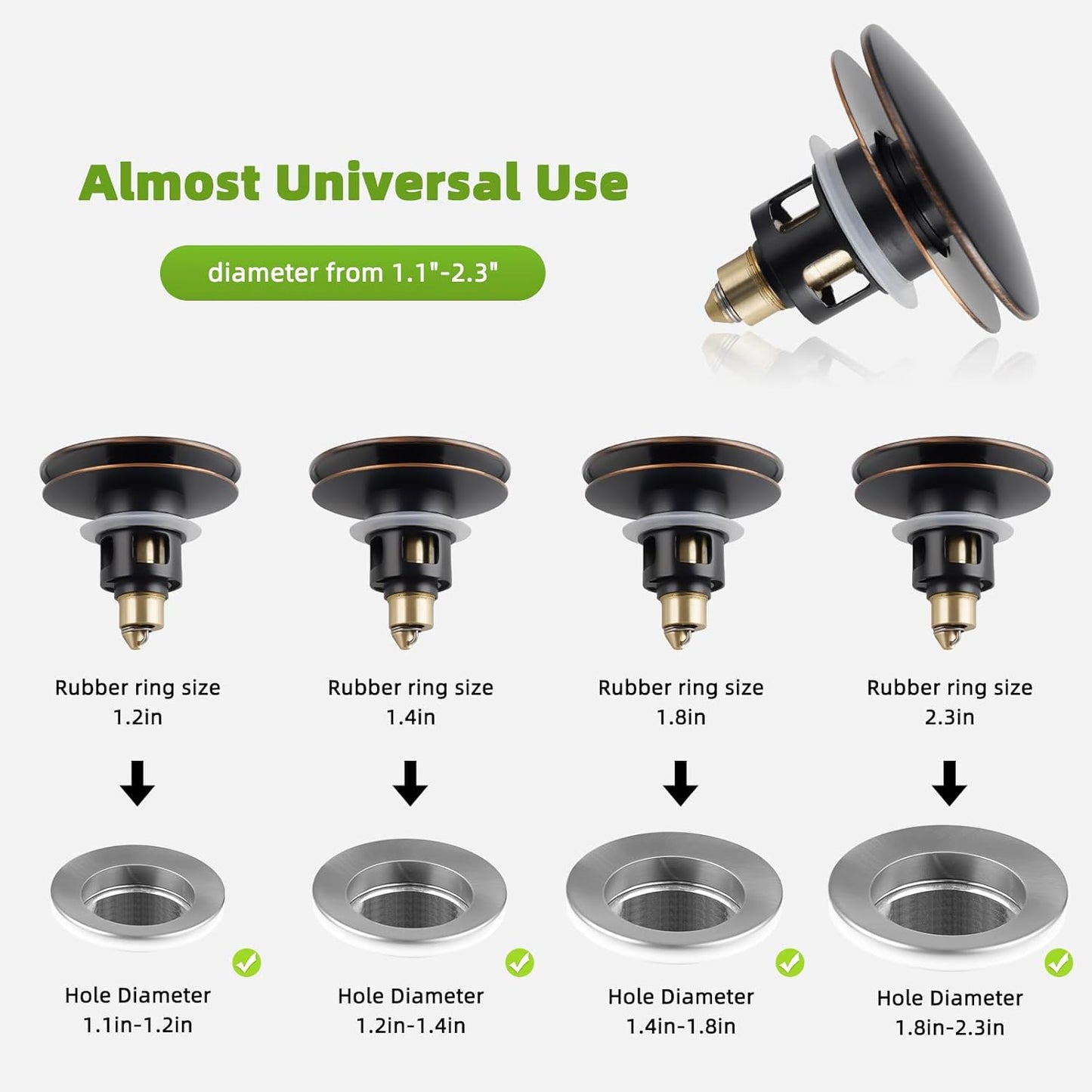 Universal 2PCS Bathroom Sink Stopper 2 in 1 Pop Up Metal Sink Drain Strainer with Hair Catcher, Fit for 1.1~2.36" Sink Basin Hole, Big Cover Cap, Anti-clog, Oil Rubbed Bronze