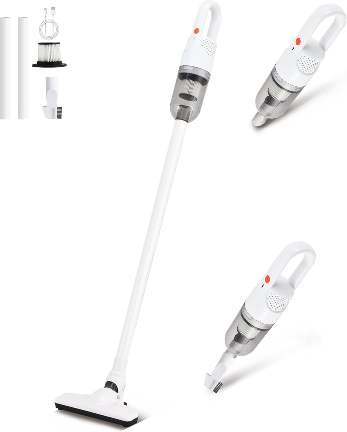 6-in-1 Lightweight Stick Vacuum Cleaner with 100W Powerful Motor, Mini Portable Household Handheld Vacuum Cleaner for Domestic Hard Floors, Carpets and Pet Hair (White Cordless Without Plug)