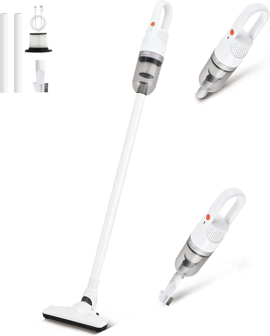 6-in-1 Lightweight Stick Vacuum Cleaner with 100W Powerful Motor, Mini Portable Household Handheld Vacuum Cleaner for Domestic Hard Floors, Carpets and Pet Hair (White Cordless Without Plug)