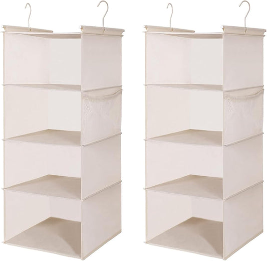 MAX Houser 4 Tier Shelf Hanging Closet Organizer, Closet Hanging Shelf with 2 Sturdy Hooks for Storage,2 Pack, Foldable (Beige)