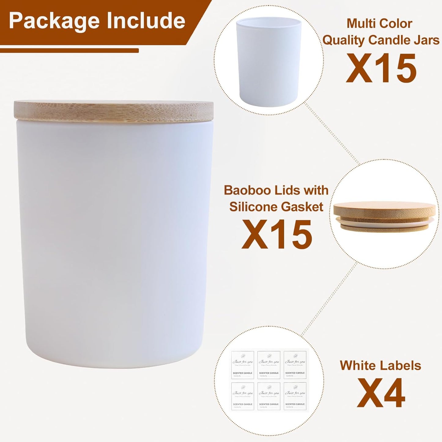 CONNOO 15 Pack Colorful Glass Candle Jars with Bamboo Lids for Making Candles, 7 oz Empty Candle Tins with Wooden Lids, Bulk Clean Candle Containers - Dishwasher Safe