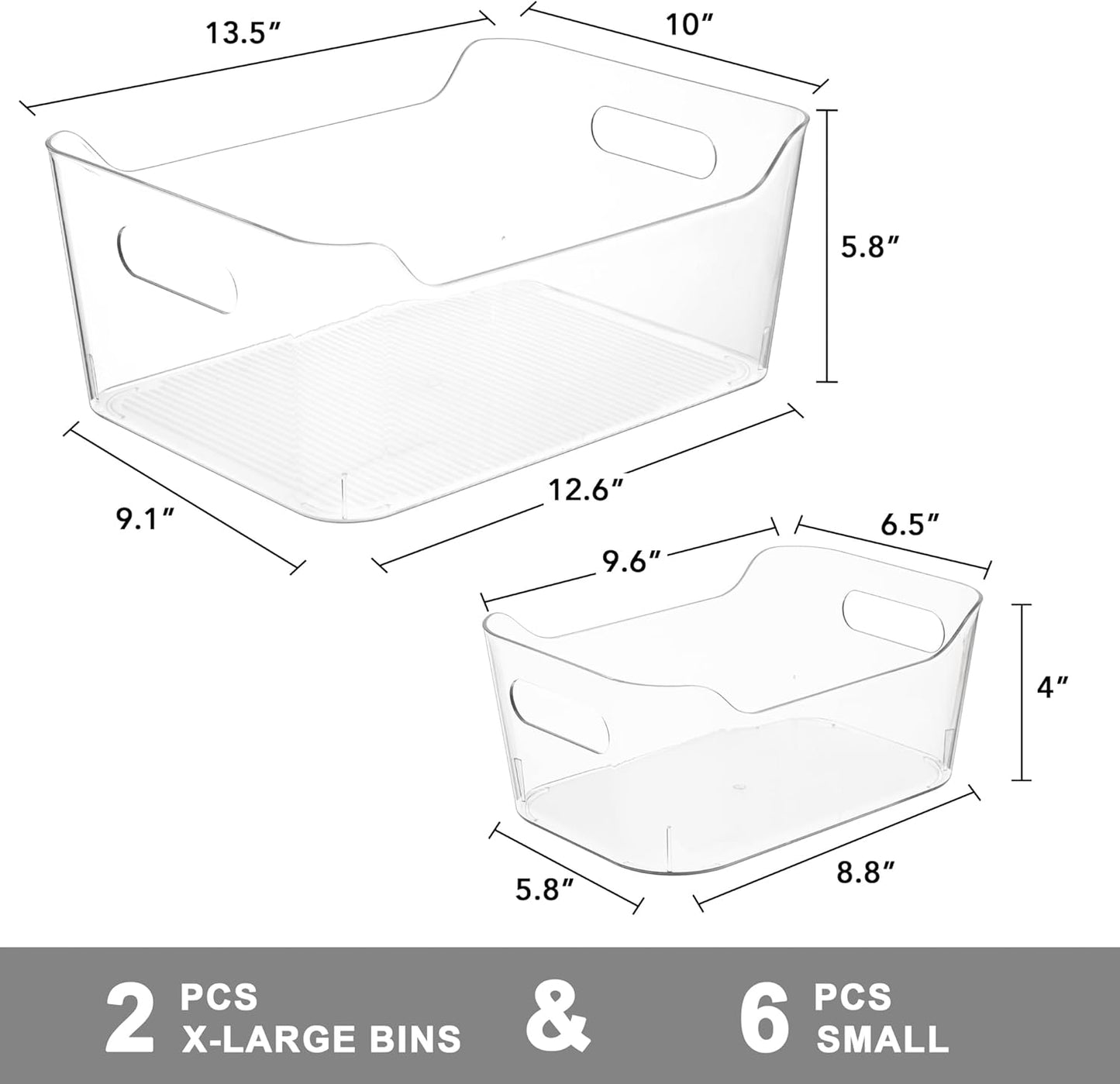 Tiawudi Set of 8 Clear Plastic Storage Bins, 2 Extra Large and 6 Small Storage Containers for Pantry Organization, Multi-Use Organizer Bins for Home, Kitchen, Cabinet, Bathroom, Fridge & Freezer
