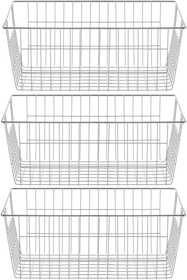 SANNO Freezer Baskets Wire Storage Baskets Closet Organization Baskets Bin Farmhouse Storage Bins Large Organizer Bins for Home, Office, Bathroom, Pantry -Set of 3, Chrome, 15.7"