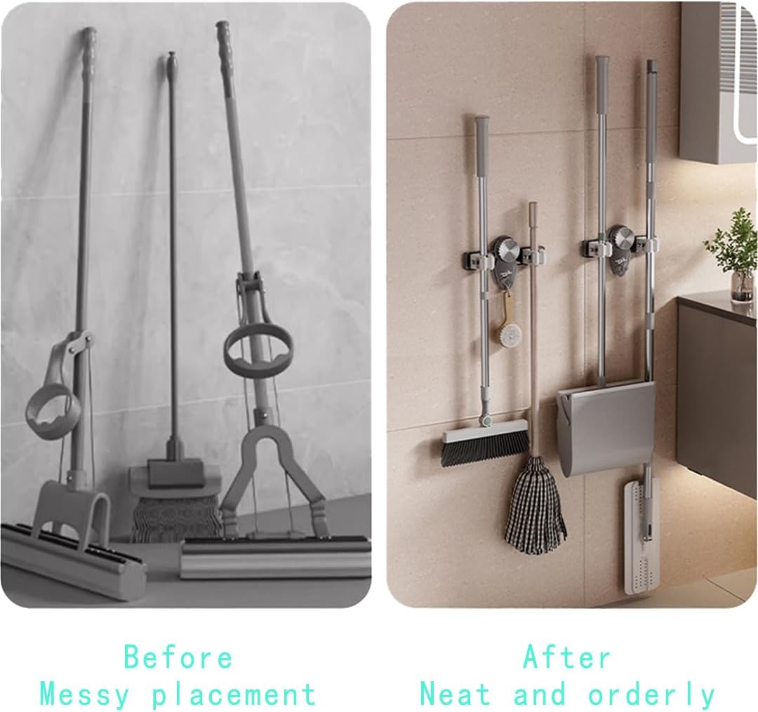 Mop and Broom Holder Wall Mount, No Punching Required Broom and Mop Organizer Wall Hanging with Hooks for Bathroom, Laundry Room, Garage, Kitchen,Garden Tool Organizer Storage (2pcs Gray)