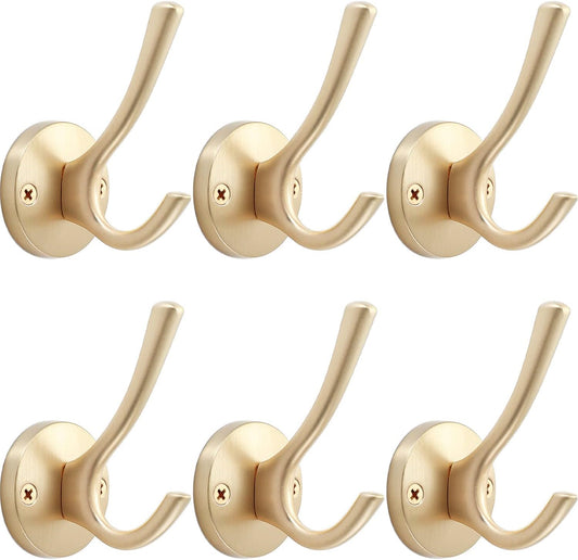 Gold Wall Hooks, 6 Pack Coat Robe Hook Heavy Duty Metal Double Bath Hook Wall Mounted, Hand Towel Hooks for Cubicle Bathroom Kitchen Closet Garage