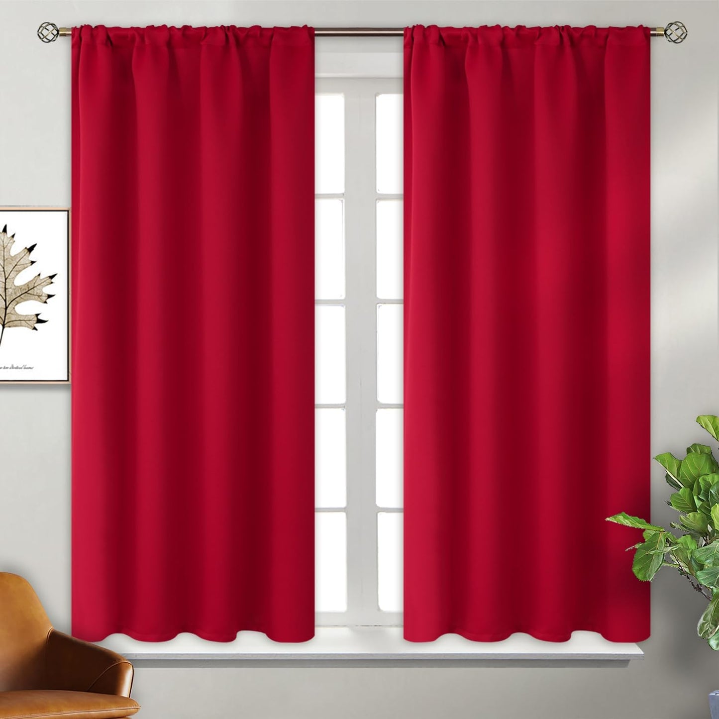 BGment Red Blackout Curtains 48 Inches Length for Bedroom - Short Thermal Insulated Drapes with Rod Pocket Room Darkening for Kitchen Cafe Bathroom, 2 Panels, 42 x 48 Inch