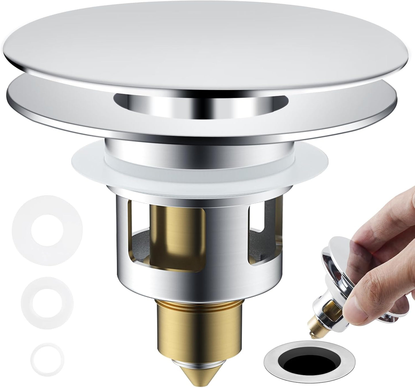 Universal Bathroom Sink Drain Strainer Hair Catcher Upgraded with Removable Stainless Steel Filter Basket, 2 in 1 Pop Up Sink Stopper for 1.1''~2.36'' Sink Basin Hole, Big Cover Cap, Chrome