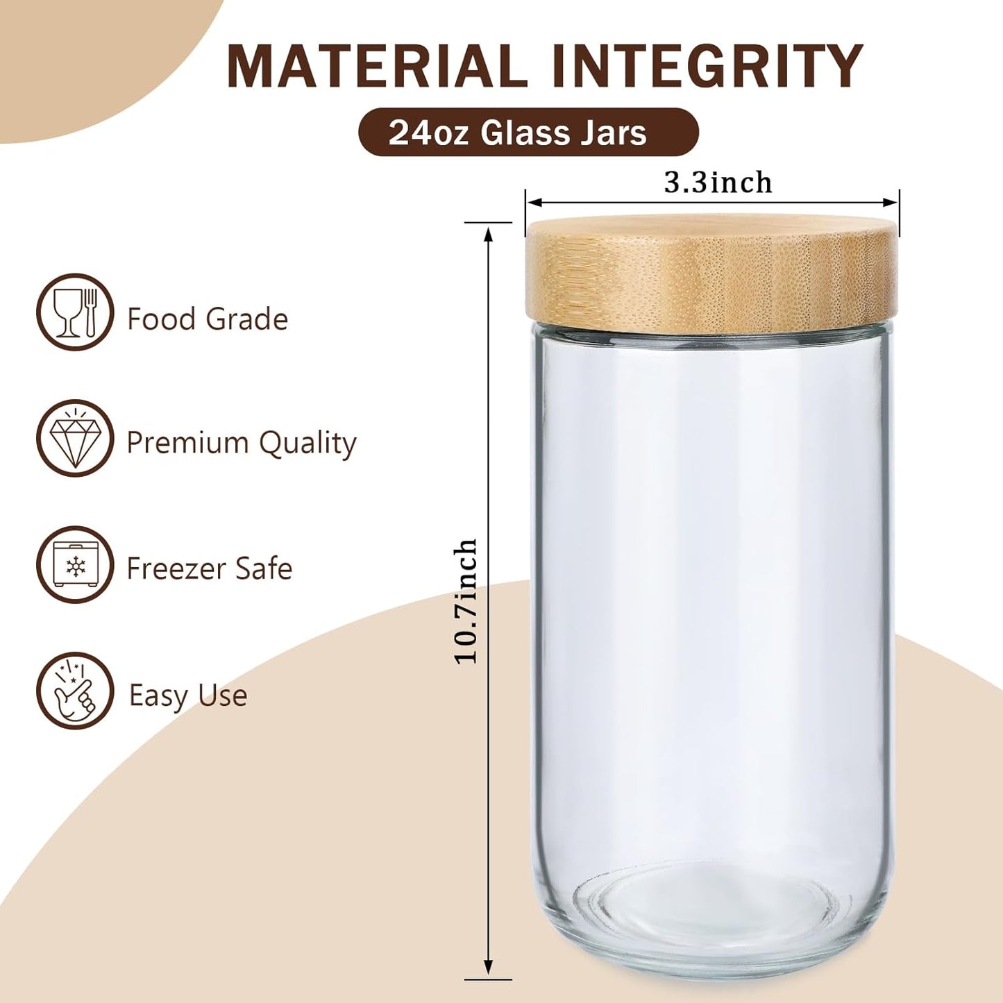 OcePor 6 Pack 24oz Glass Jars with Bamboo Lids, Over Night Oats Container with Airtight Lid, Glass Snack Storage Salad Jars For Food, Yogurt, Sugar and Flour,Coffee Bean, Cookie, Cereal