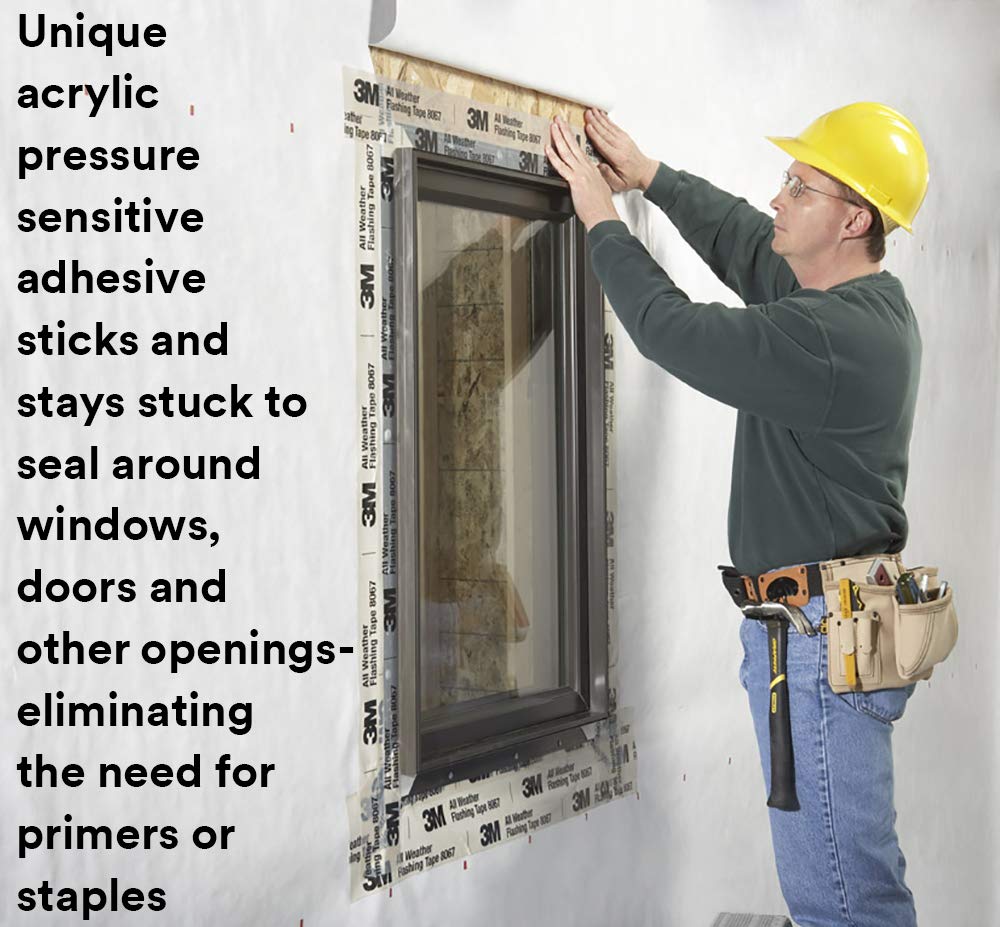 3M All Weather Flashing Tape 8067, 6 in x 75 ft, 1 Roll, Adhesive Backed Split Liner, Prevents Moisture Intrusion, Waterproof Flashing Seals Doors, Windows, Openings in Wood Frame Construction