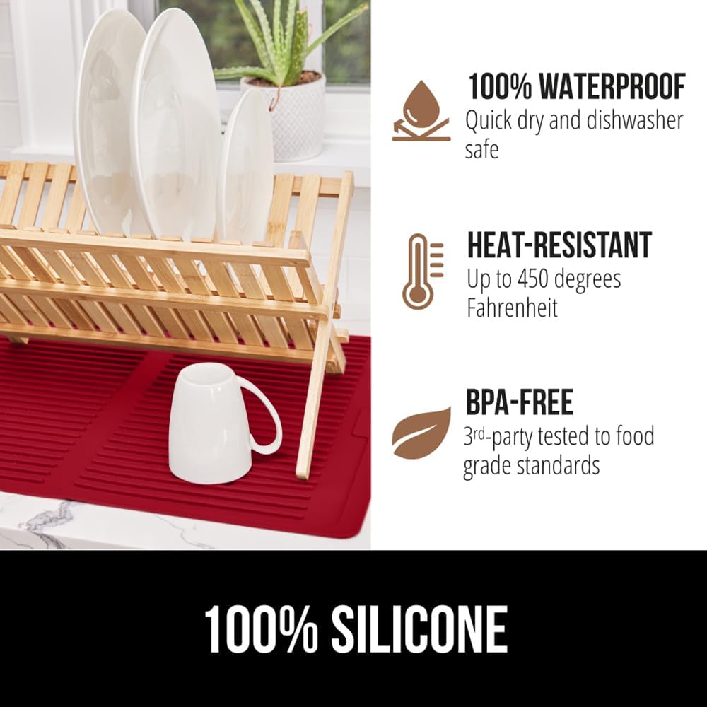 GORILLA GRIP 100% BPA-Free Patented Silicone Dish Drying Mat for Kitchen Counter, Water Catching Ribbed Design, Easy Clean Waterproof Sink Liner, Heat Resistant, Fits Under Rack, 13x11 Inch, Red