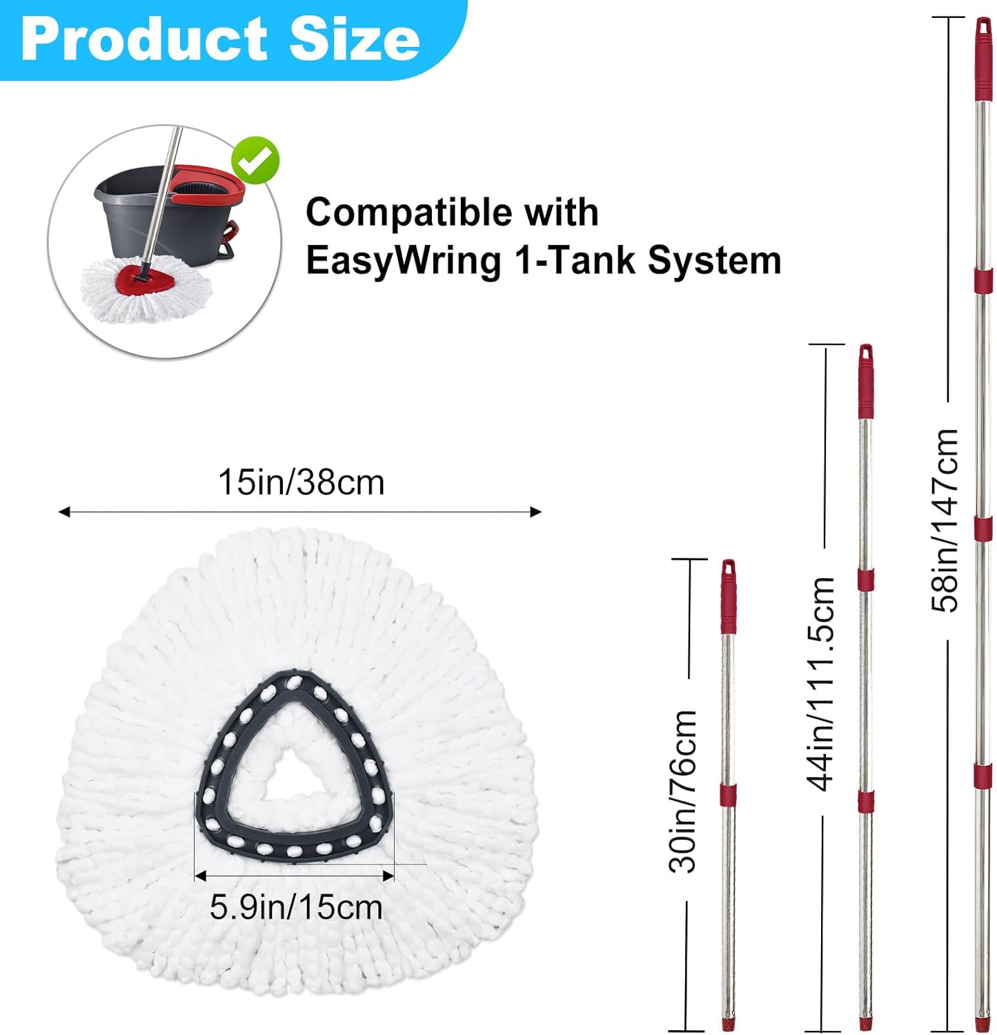 Mop Replace Head for O Cedar, Mop Handle for Ocedar, Mops Heads Replacements for Ocedar Countains Mop Handles Mop Replace Heads for O Cedar 1 Tank Spin Mops