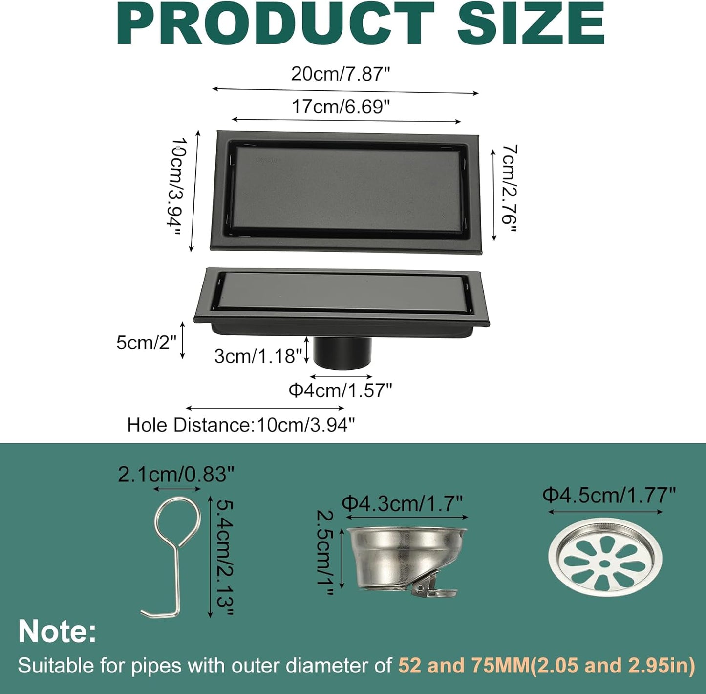 uxcell Rectangular Shower Drain, Brushed 304 Stainless Steel Odor-Proof Floor Drain Linear Shower Drain Hair Catcher for Bathroom Kitchen and Laundry Room(8 Inch, Black)