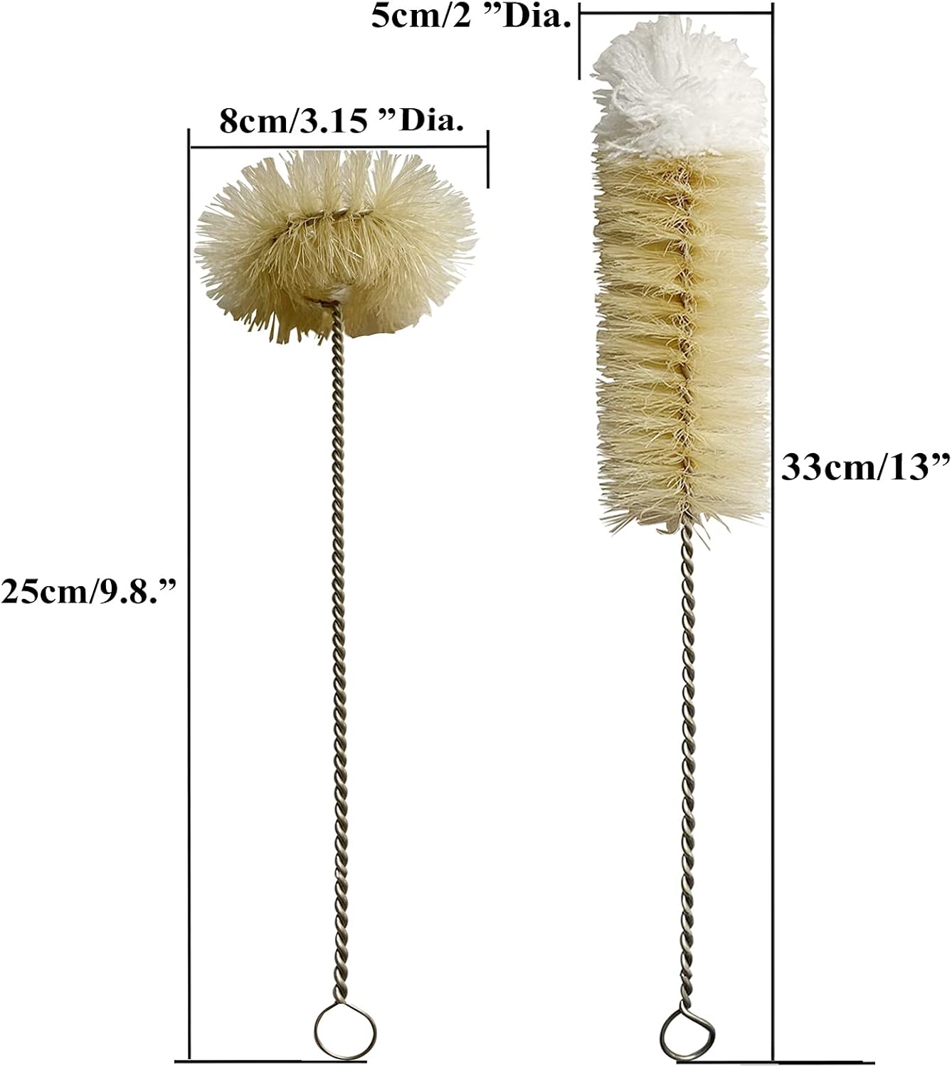 Coralpearl Bottle Brushes Thin Long Handle X 2, Skinny Wire Cleaner Set in Stainless Steel with Natural Boar Bristle at Wool Tip, Bendable Flexible for Cleaning Narrow Neck Bottles, Pipe, Tube, Hose