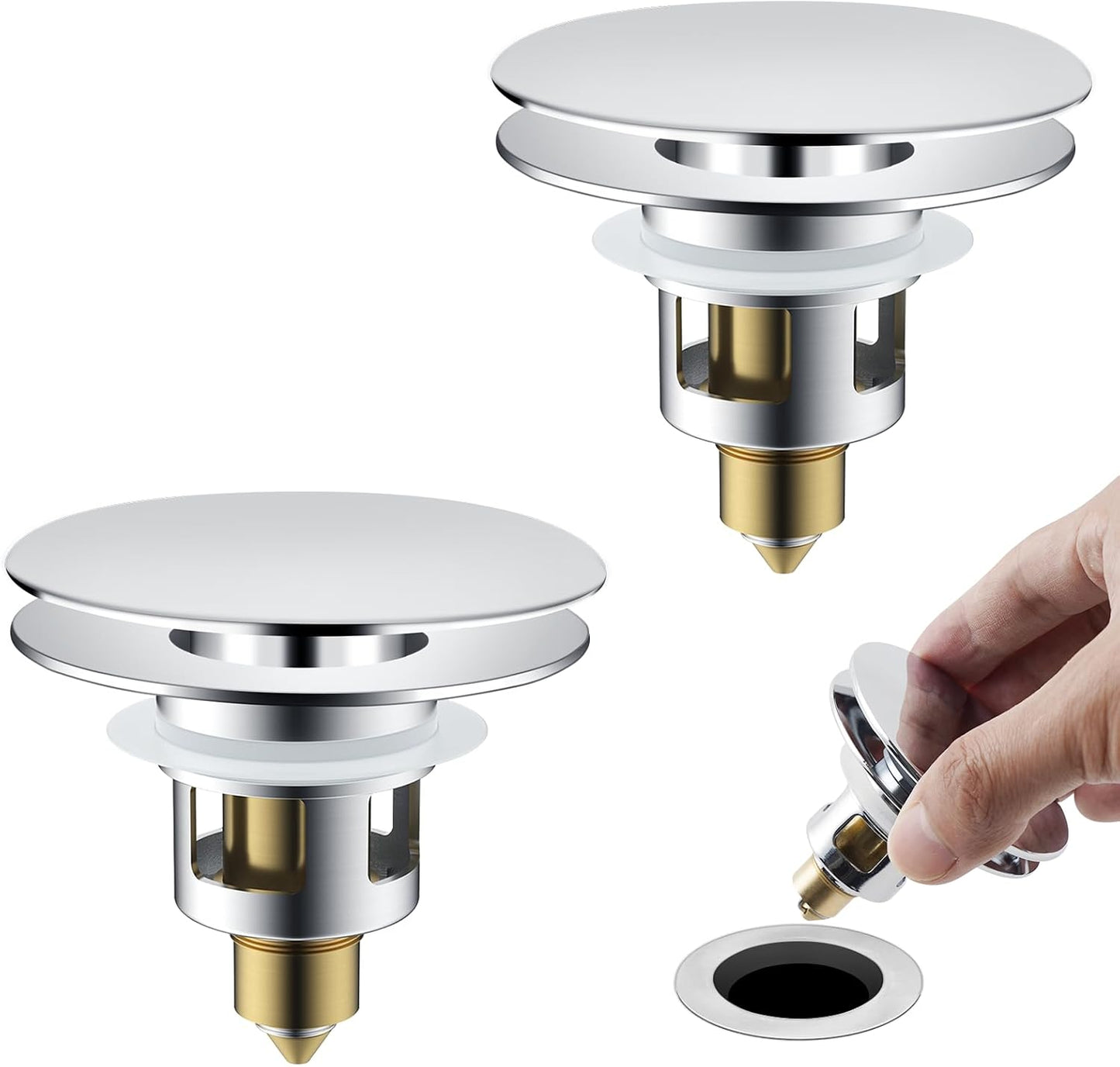 Universal 2PCS Bathroom Sink Stopper 2 in 1 Pop Up Metal Sink Drain Strainer with Hair Catcher, Fit for 1.1~2.36" Sink Basin Hole, Big Cover Cap, Anti-clog, Chrome