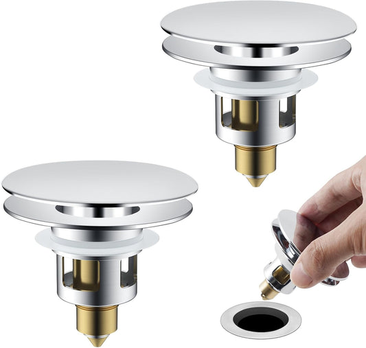 Universal 2PCS Bathroom Sink Stopper 2 in 1 Pop Up Metal Sink Drain Strainer with Hair Catcher, Fit for 1.1~2.36" Sink Basin Hole, Big Cover Cap, Anti-clog, Chrome