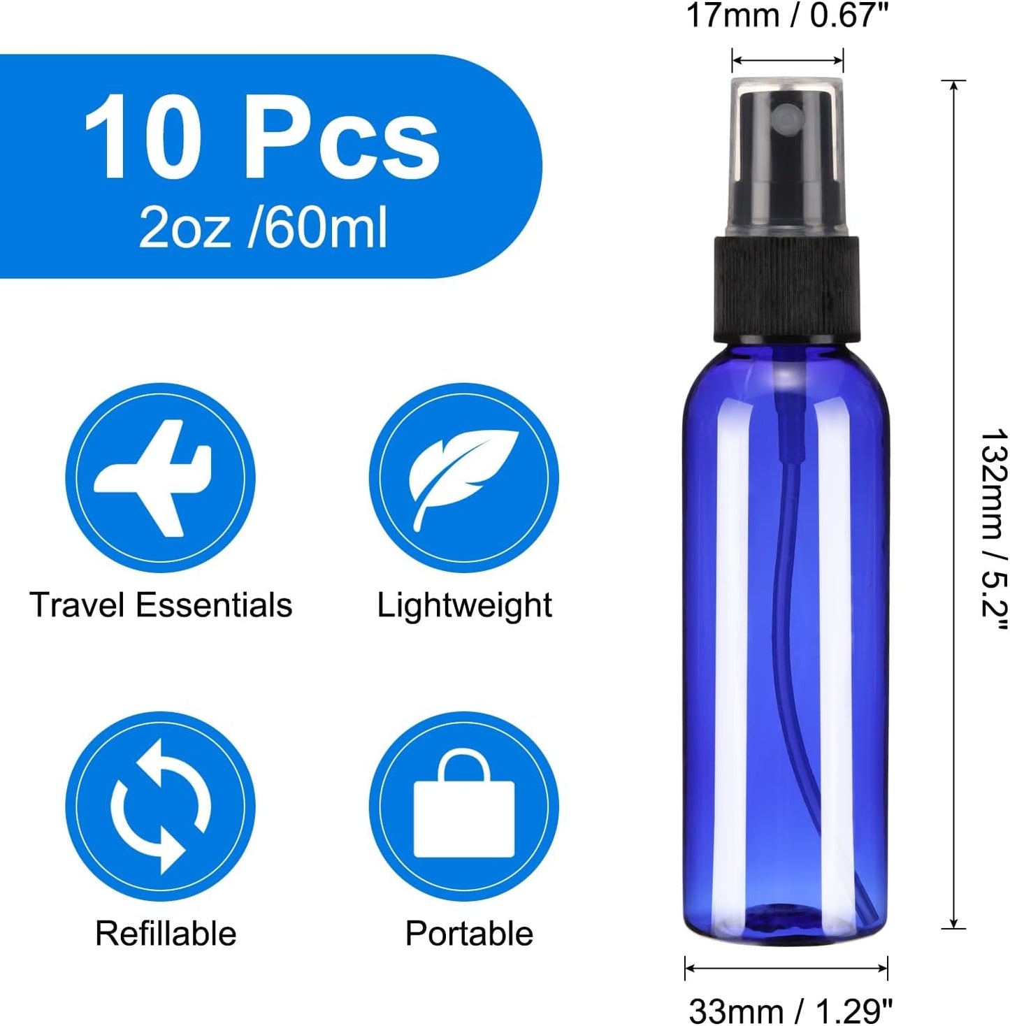 uxcell 10 Pack Spray Bottles, 2 Oz/60ML Reusable Clear Empty Mist Plastic Mini Travel Bottle Set,Small Refillable Liquid Containers for Household Use, Cleaning (Blue Black)