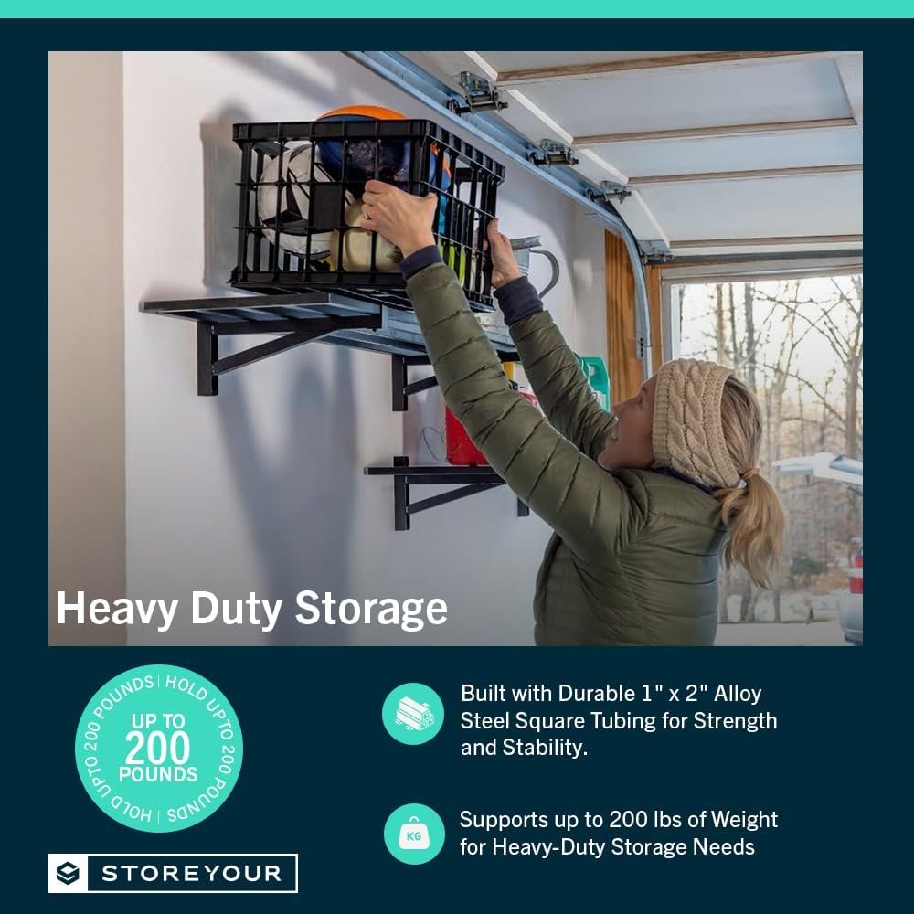 StoreYourBoard 2-Pack Heavy Duty Wall Shelves – Wall-Mounted Garage Storage Shelving and Organization for Sheds, Closets, or Utility Rooms – Holds 200 lbs, 1ft x 2ft, Black