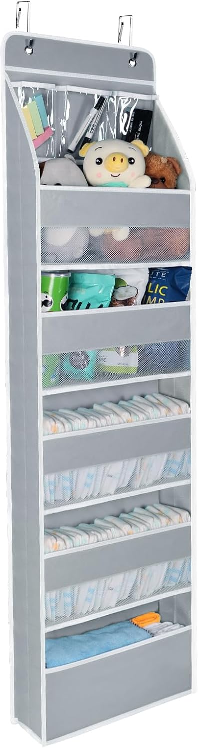 Univivi 6-Shelf Over Door Hanging Organizer Fabric Baby Door Storage with 5 Large Pockets and 3 Small PVC Pockets Wall Mount Hanging Storage Organizers for Baby Essential (Grey)