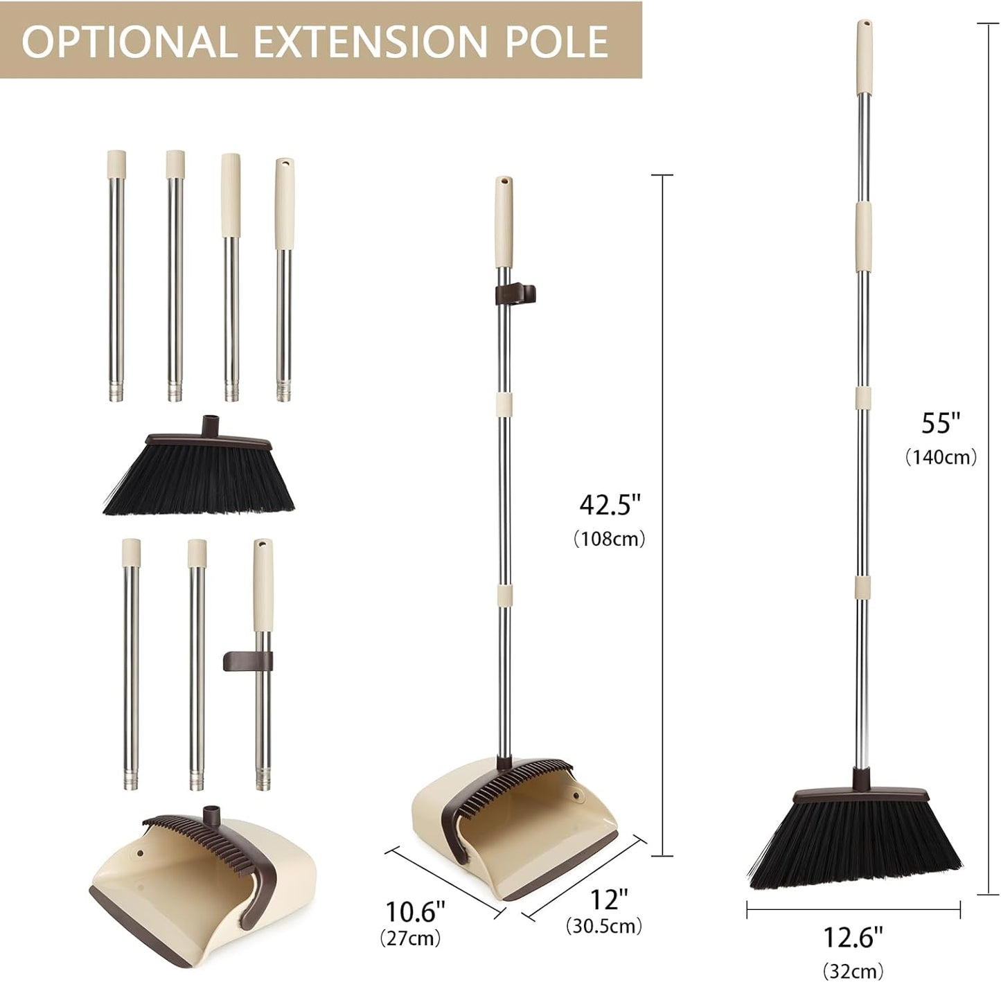 Broom and Dustpan Set, Dustpans with Broom Combo for Home, Heavy Dust Broom and Dustpan Combo, Long Handle Dust Pan and Broom Set for Kitchen, Office, Pet Hair,Beige, Pack of 1