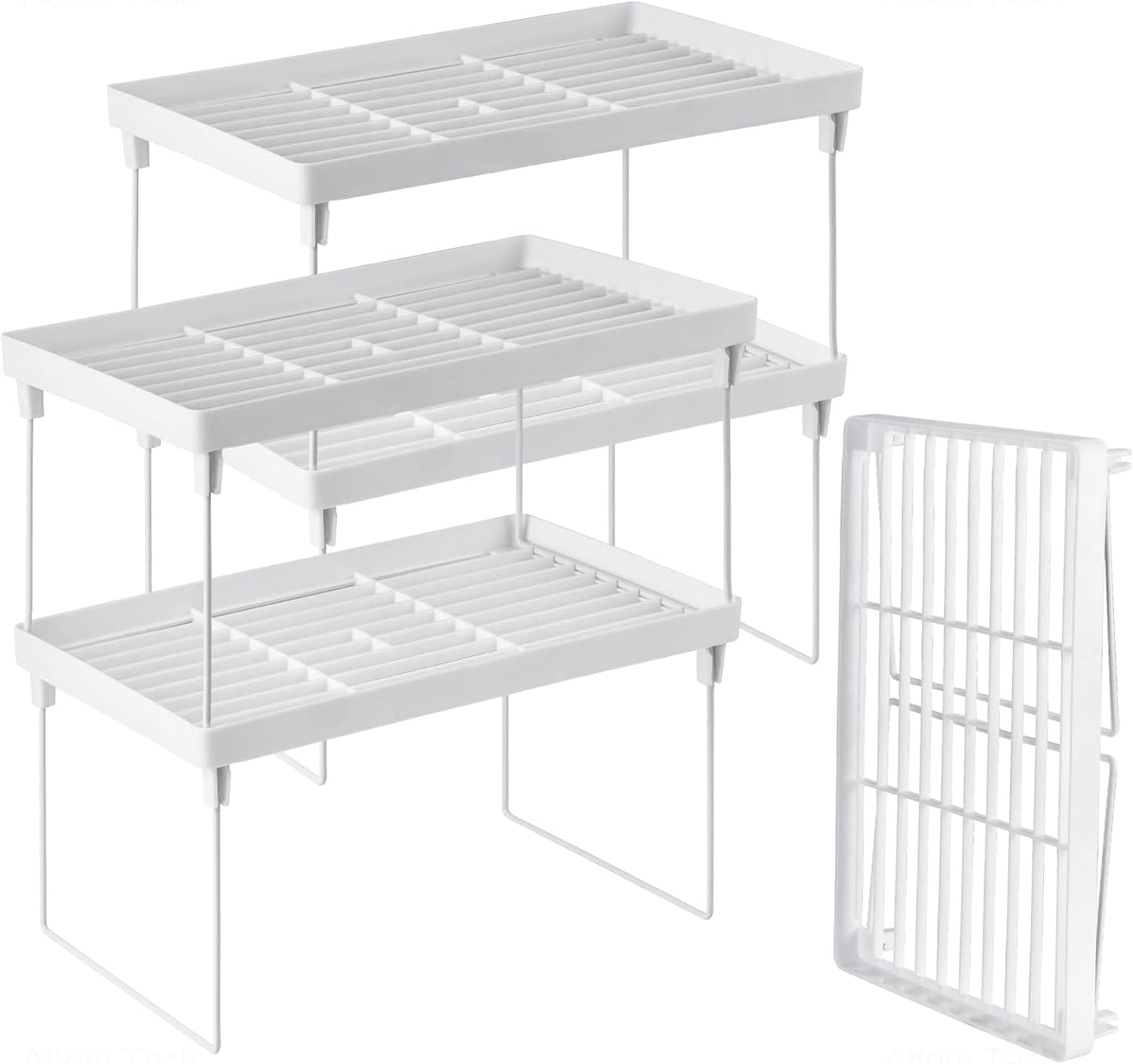 NiHome 4-Pack Stackable Plastic Kitchen Storage Shelf Foldable Rack - White Kitchen Cabinet Organizer and Storage Shelves Stackable Expandable Storage Racks for Counter Cabinet Pantry