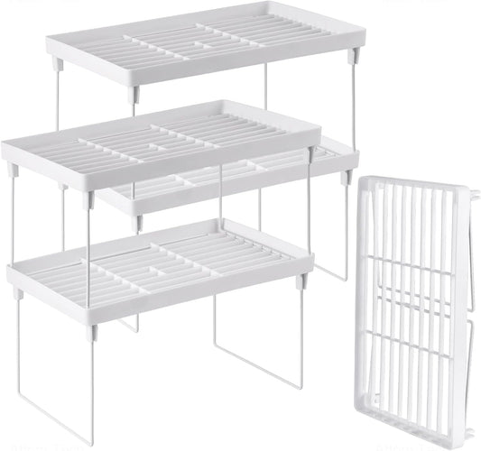 NiHome 4-Pack Stackable Plastic Kitchen Storage Shelf Foldable Rack - White Kitchen Cabinet Organizer and Storage Shelves Stackable Expandable Storage Racks for Counter Cabinet Pantry