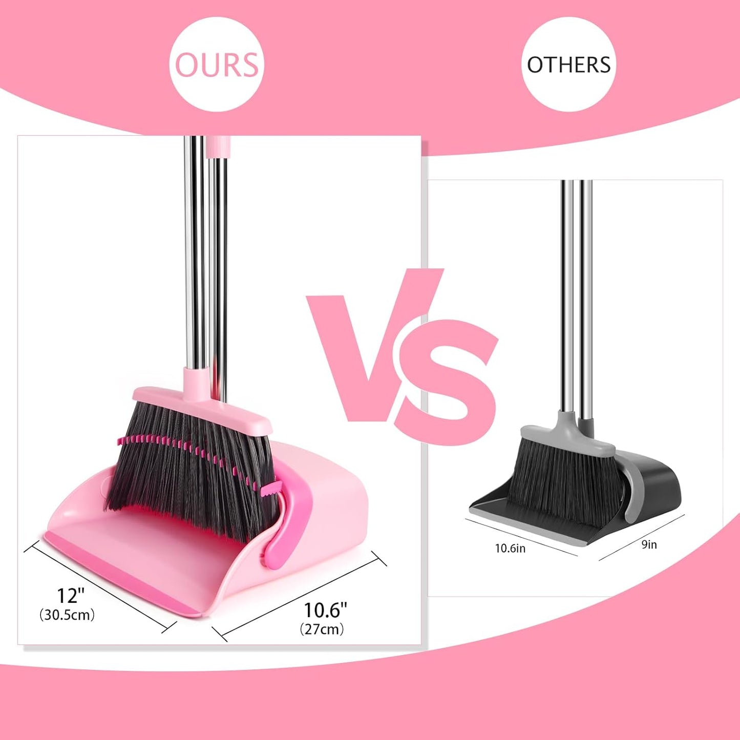 Broom and Dustpan Set, Dustpans with Broom Combo for Home, Heavy Dust Broom and Dustpan Combo, Long Handle Dust Pan and Broom Set for Kitchen, Office, Pet Hair,Pink, Pack of 1