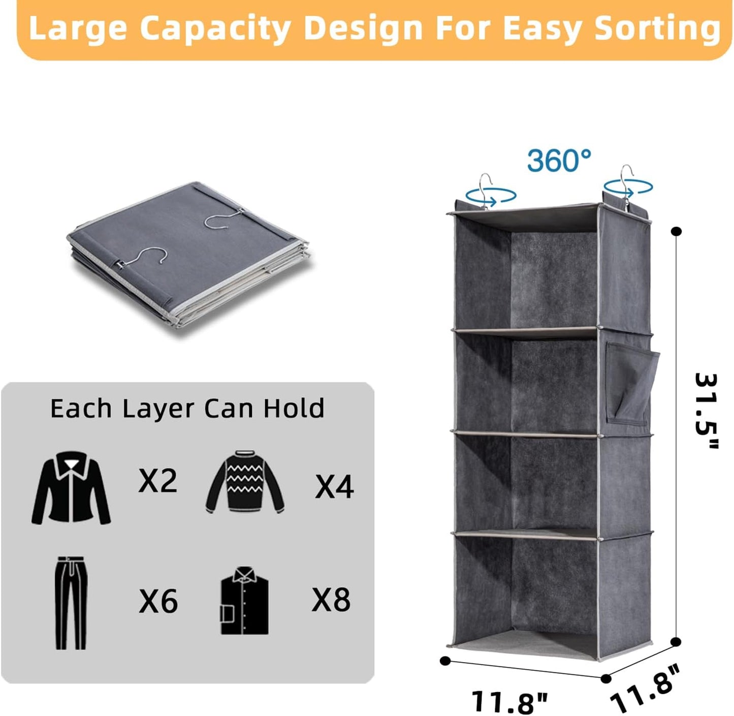 2 Packs Hanging Closet Organizer, 4-Shelf Closet Organizers and Storage with Side Pockets, Collapsible Hanging Shelves for Closet & RV & College Dorm,Grey