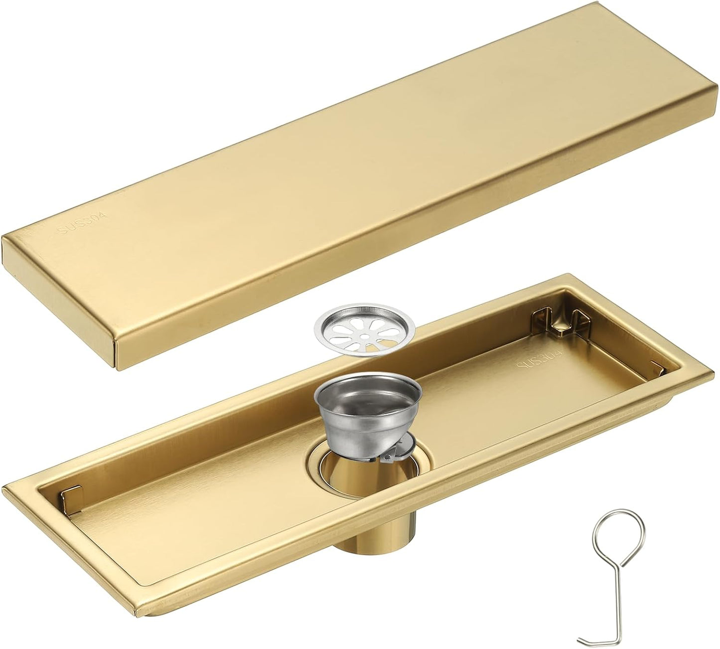uxcell Rectangular Shower Drain, Brushed 304 Stainless Steel Odor-Proof Floor Drain Linear Shower Drain Hair Catcher for Bathroom Kitchen and Laundry Room(12 Inch, Gold)