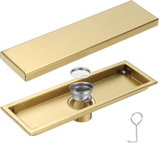 uxcell Rectangular Shower Drain, Brushed 304 Stainless Steel Odor-Proof Floor Drain Linear Shower Drain Hair Catcher for Bathroom Kitchen and Laundry Room(12 Inch, Gold)