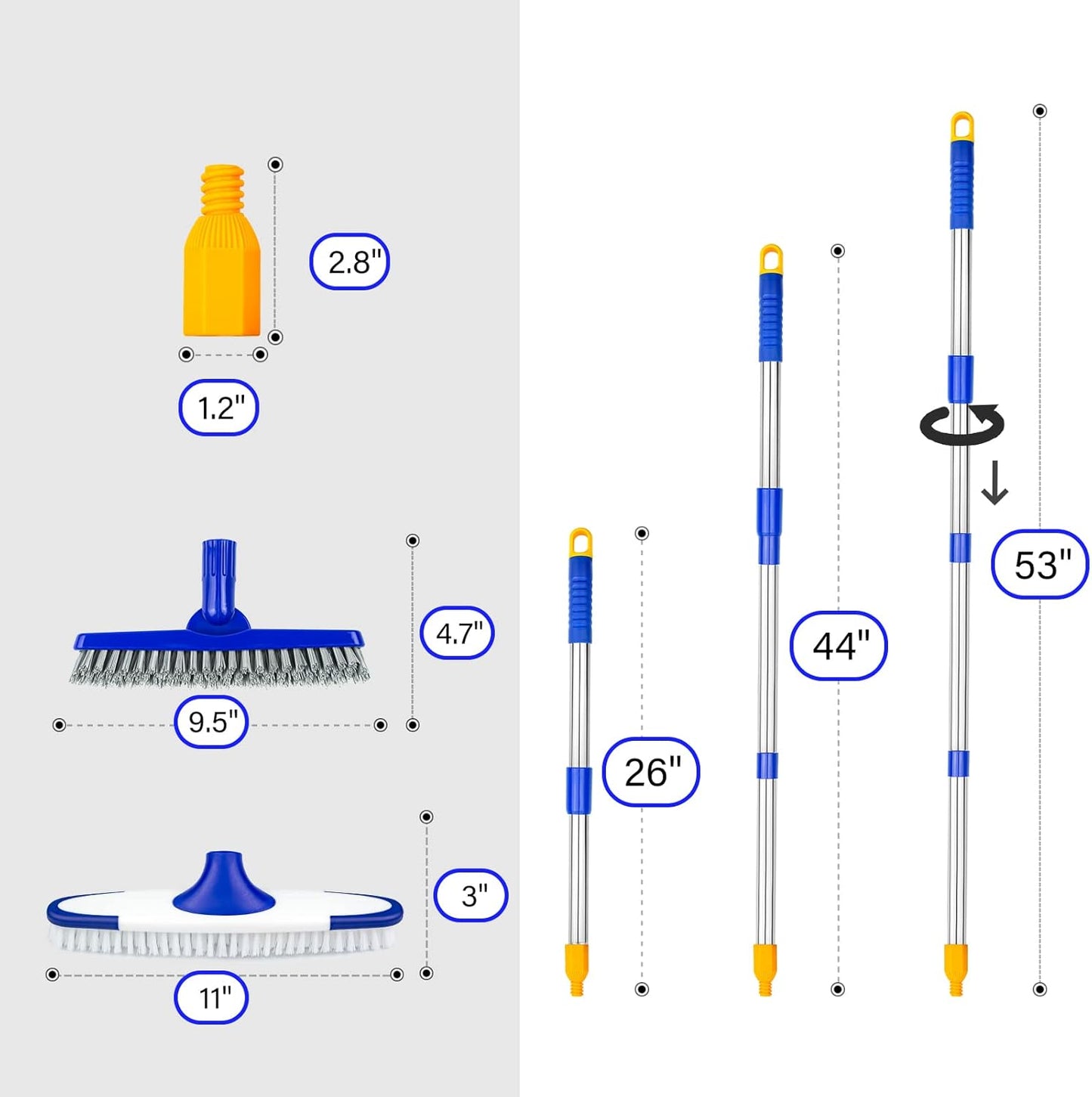 ITTAR Grout & Scrub Brush Combo, Floor Scrubber with Long Handle, Multi-Purpose Stiff Bristles Cleaning Brush Set for Tile, Grout, Deck, Kitchen, Shower Floor (2 Pcs)