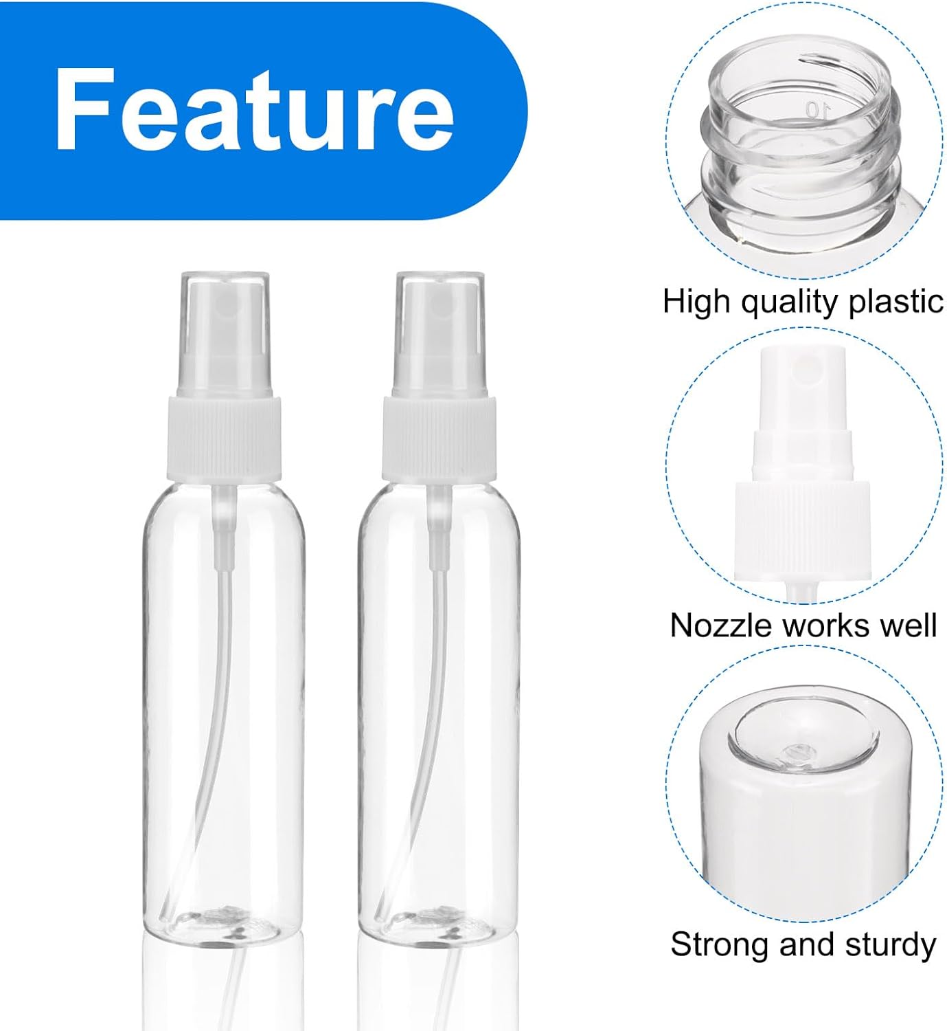 uxcell 10 Pack Spray Bottles, 2 Oz/60ML Clear Empty Mist Plastic Mini Travel Bottle Set,Small Refillable Liquid Containers for Household Use, Essential Oil, Cleaning (Transparent White)