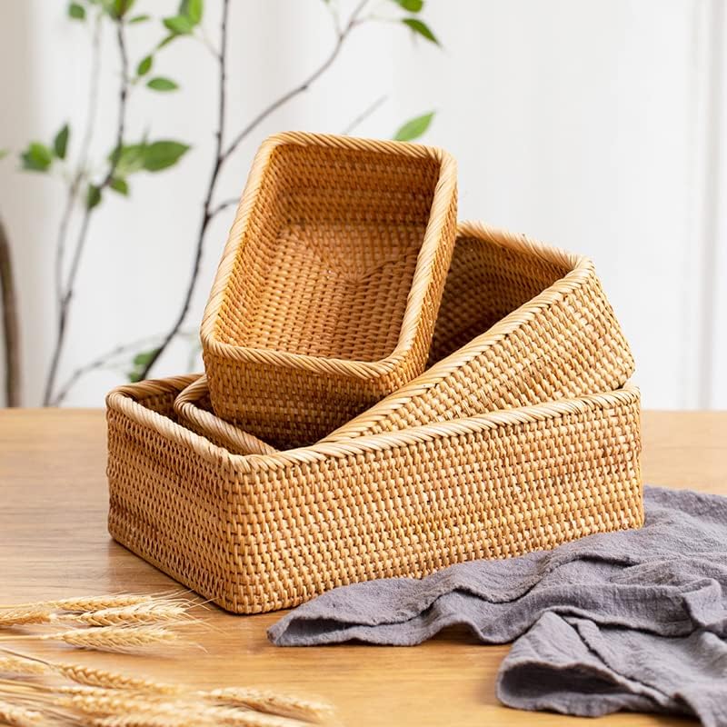 Rattan Storage Baskets, Wicker Baskets for Organizing, Hand Woven Fruit Basket, Decorative Baskets for Kitchen Counter, Living Room, Bathroom, Set of 3