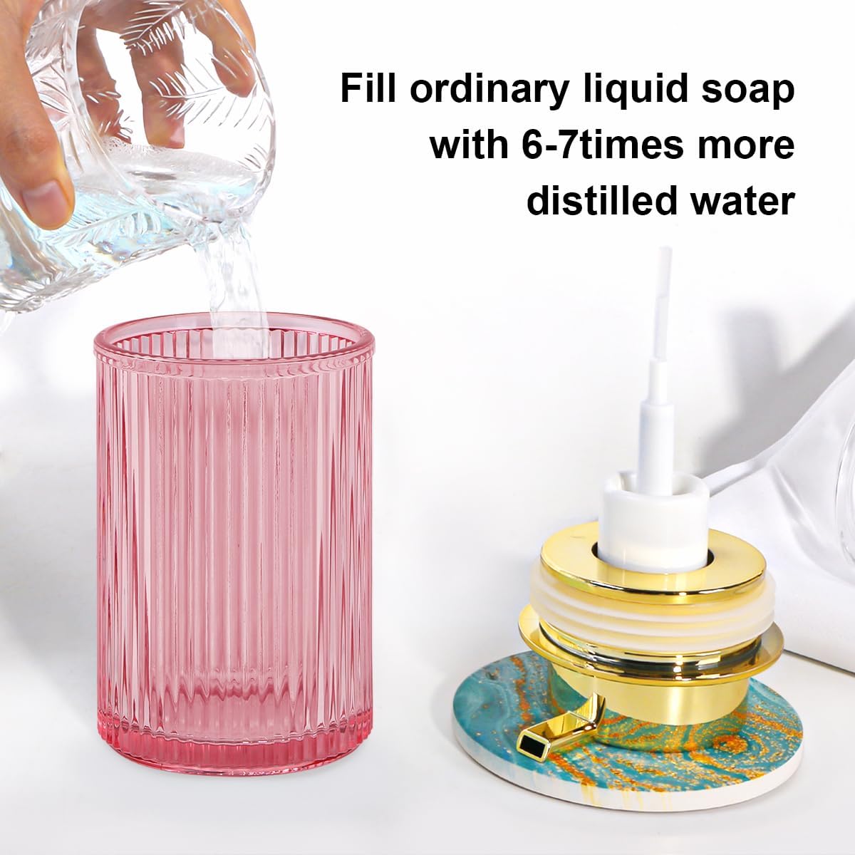 Pink Foaming Soap Dispenser, 12 Oz Glass Foaming Hand Soap Dispenser with Gold Pump, Bathroom Refillable Liquid Lotion Container Pump Ribbed Bottle for Kitchen Bathroom Decor, 1pc