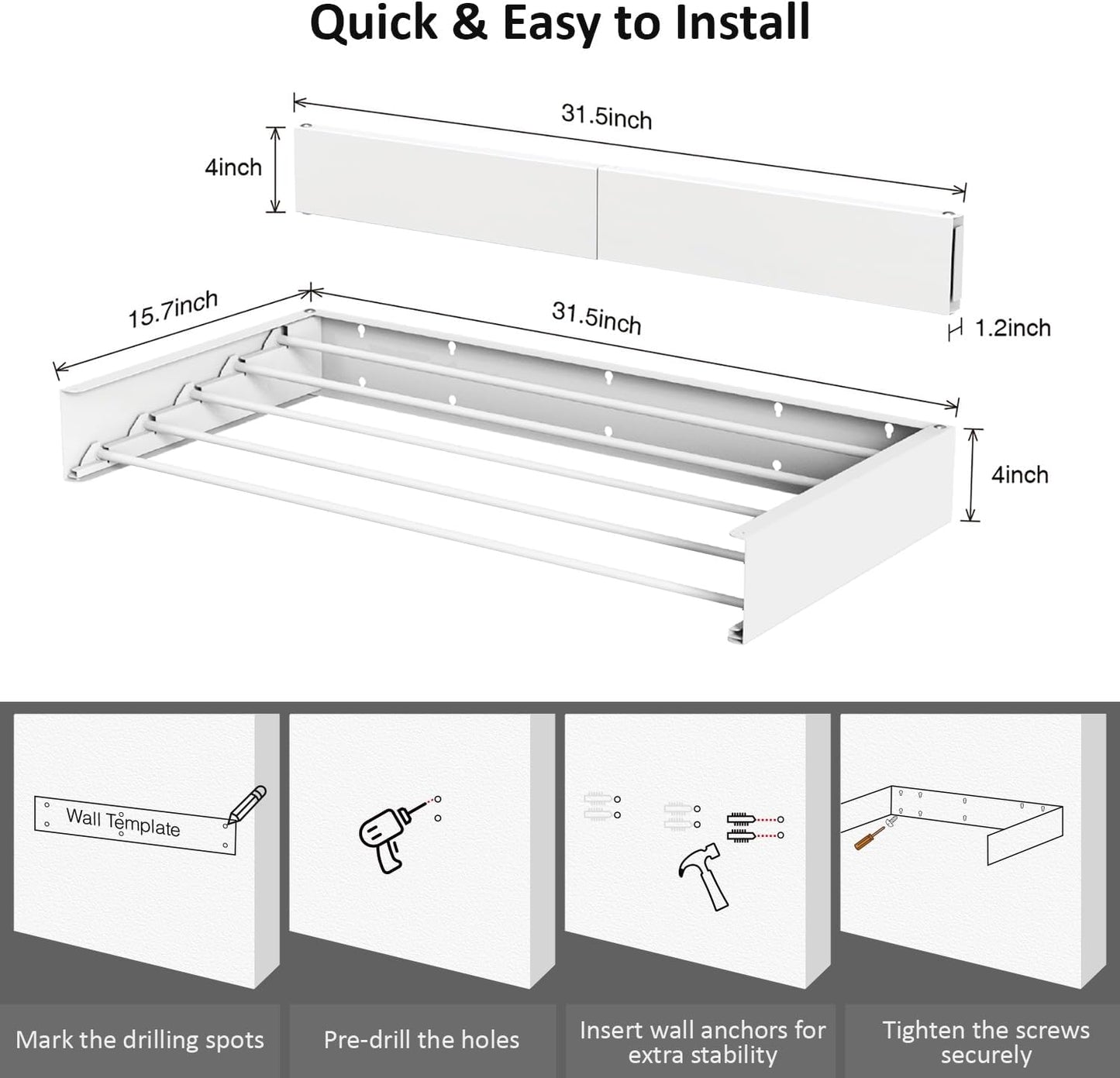 Laundry Drying Rack, Collapsible Wall Mounted Clothes Drying Rack - Foldable,Space Saving, 13.2 Linear Ft, 5 Aluminum Rods, 60 lb Capacity (White, 31.5)