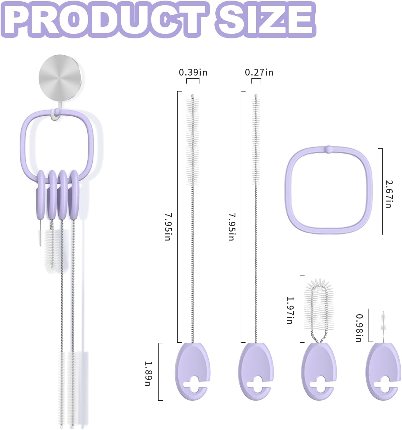 YOTIME Standing Straw Cleaner Brush Set, 4in1 Reusable Straw Brushes with Holder Ring, for Wide and Narrow Straws, Tumblers, Water Bottles and Cups, Purple