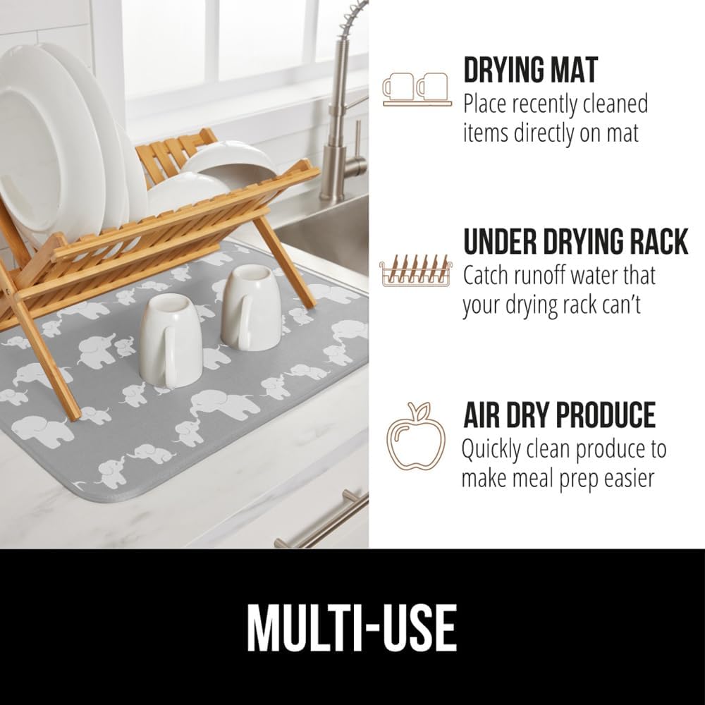 GORILLA GRIP Ultra Water Absorbent Microfiber Dish Drying Mat, Quick Dry Mesh, Slip Resistant Pad for Sink Dishes or Under Rack, Kitchen Counter Accessories, 16x18, Machine Wash, 2 Pack Elephants