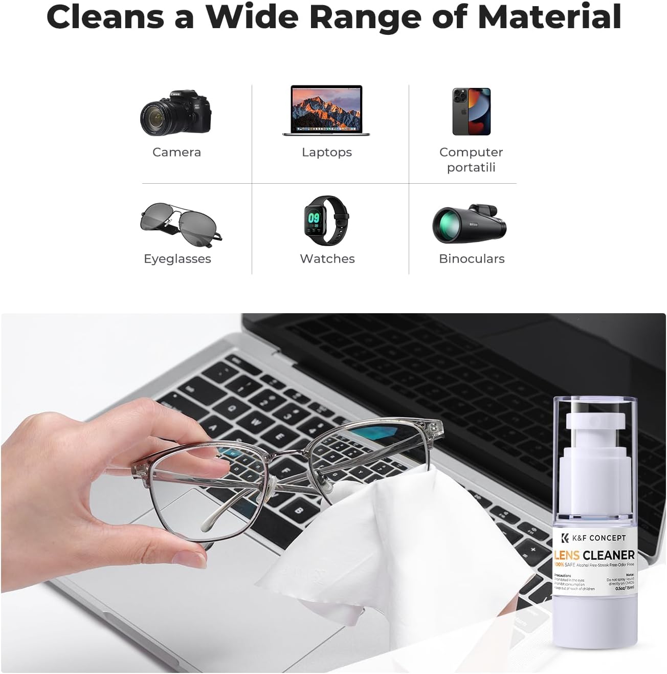 K&F CONCEPT Spray and Microfiber Lens Cleaner Care Kit, Non-Flammable Camera Lens Cleaner and Digital Sensor Cleaning Solution,for Coated Lenses, Binoculars, Scopes, Cameras, and Glasses
