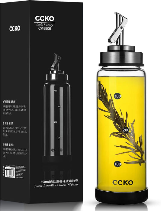 Glass Olive Oil Dispenser Bottle with Stainless Steel Spouts - Shatterproof 350ml Cooking Oil & Vinegar Cruet Bottle - Carafe for Kitchen