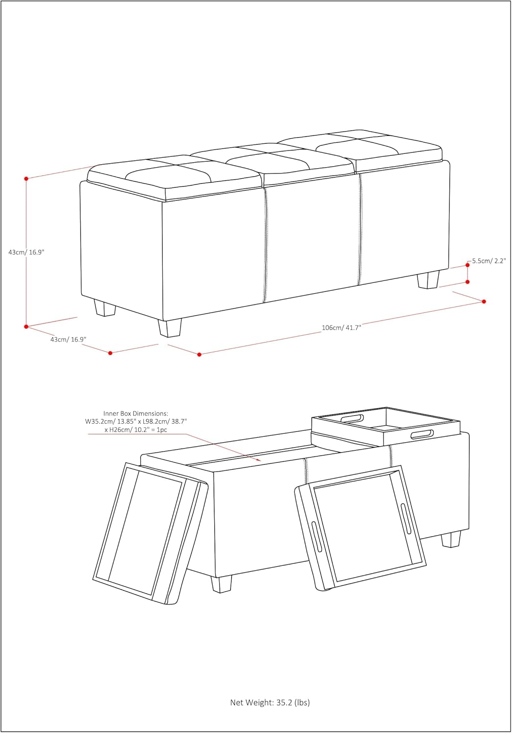 SIMPLIHOME Avalon 42 inch Wide Contemporary Rectangle Storage Ottoman in Satin Cream Vegan Faux Leather, Assembled, for the Living Room, Entryway and Family Room