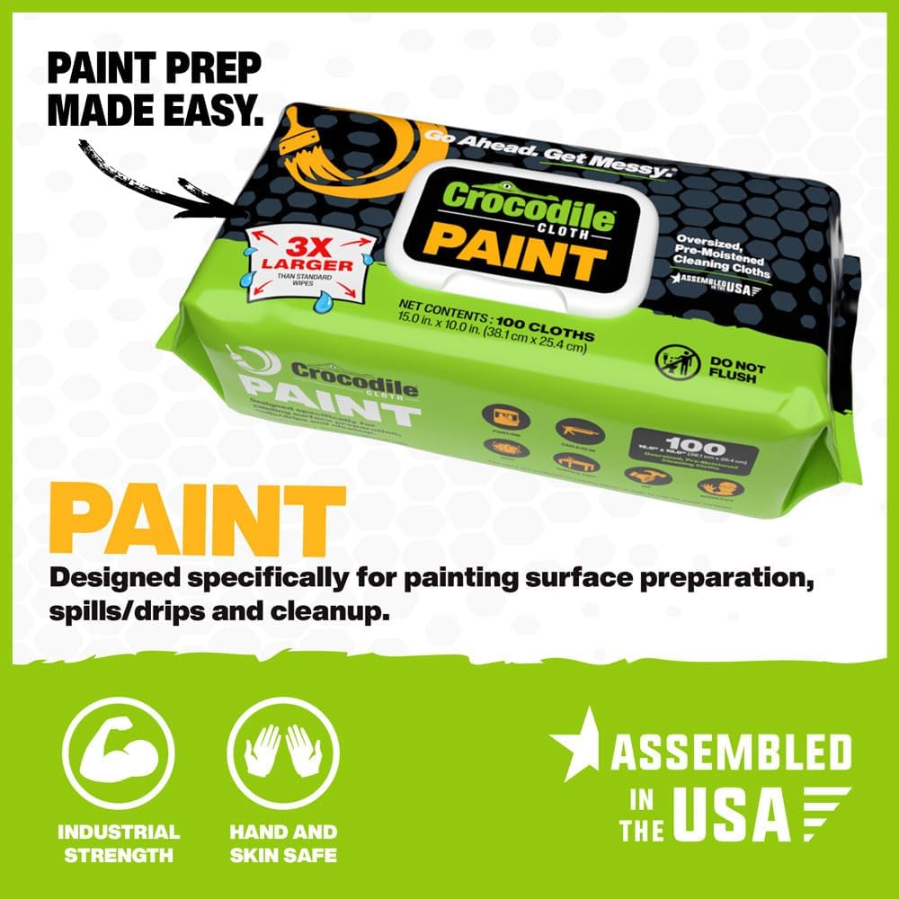Crocodile Cloth Paint Cleaning Wipes, 600 Count (6 Packs of 100) – Extra-Large 15” x 10” Heavy-Duty Wipes for Paint Prep & Cleanup, Adhesive & Caulk Removal – Painters, Contractors & DIY