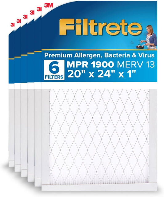 Filtrete 20x24x1 AC Furnace Air Filter, MERV 13, MPR 1900, Premium Allergen, Bacteria & Virus Filter, 3-Month Pleated 1-Inch Electrostatic Air Cleaning Filter, 6-Pack (Actual Size 19.81x23.81x0.78 in)