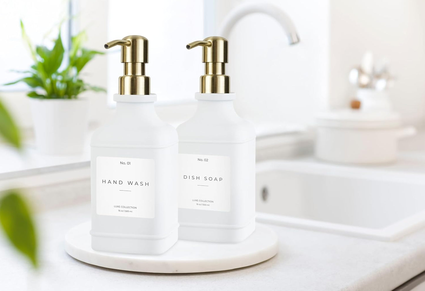 Emerson Essentials Soap Dispenser, Dish Soap Dispenser, Soap Dispenser Bathroom Set, Hand Soap, Kitchen Soap Dispenser Set, Glass Soap Dispenser with Pump and Labels | 16 Oz, 2-Pack