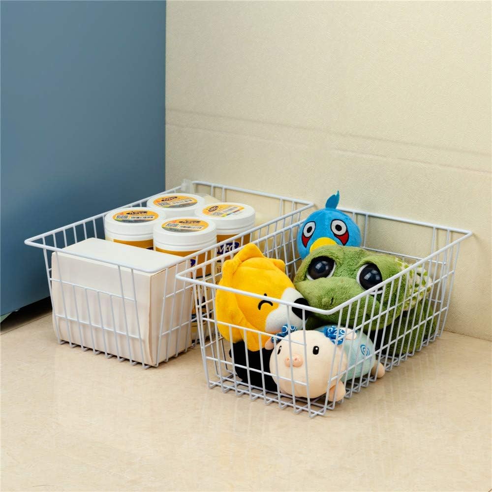 SANNO Freezer Baskets Wire Storage Baskets Closet Baskets Bin Farmhouse Organizer Storage Bins Organization Storage for Home, Office, Bathroom, Pantry -Set of 2, 15.7" White-2P