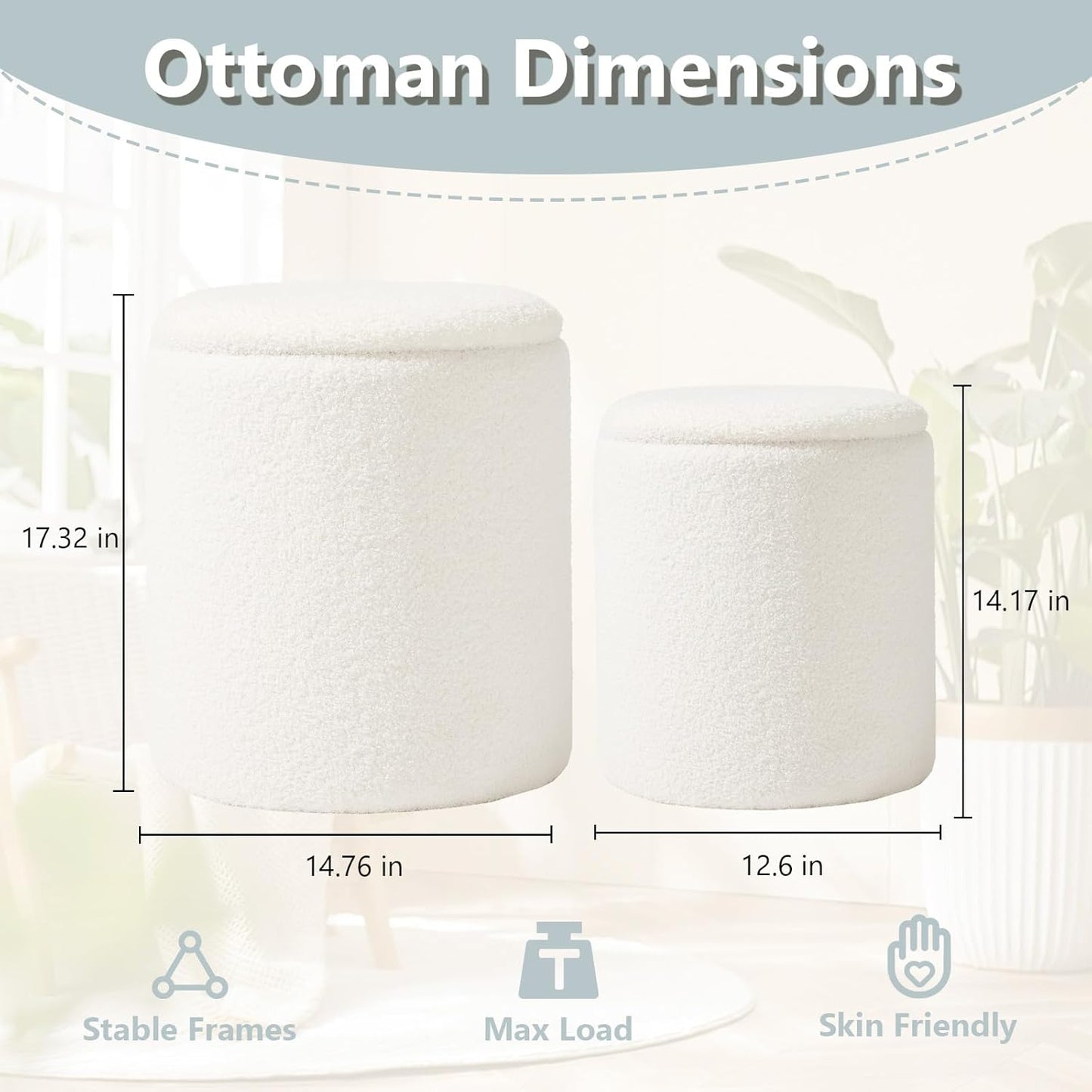 Boucle Round Ottoman with Storage Set of 2,Small Foot Stool Ottoman for Living Room, Small Coffee Table,Vanity Stool with Storage for Bedroom, White