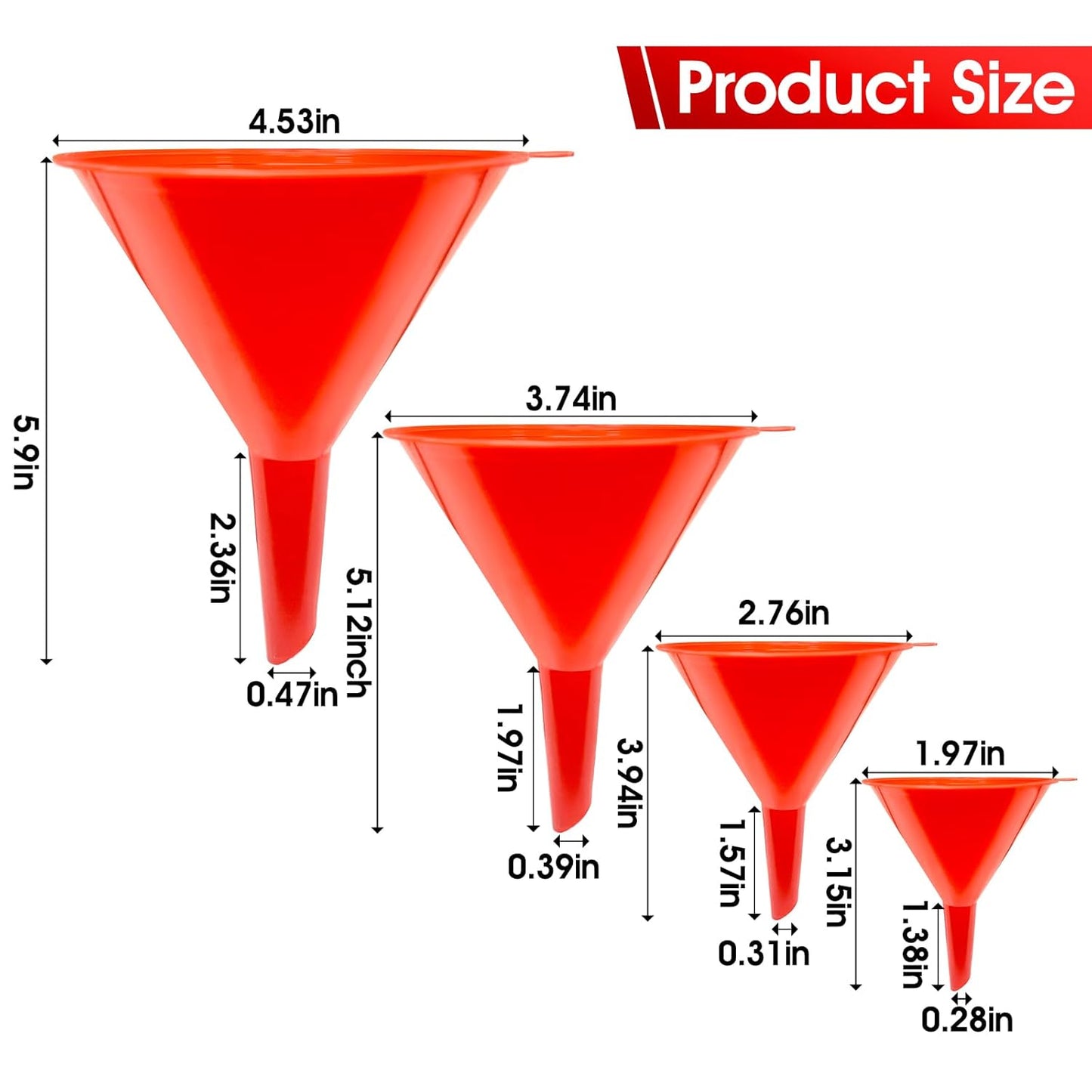 DEDC Oil Funnels, Gas Funnels, Plastic Funnel Set for Car, Automotive, Kitchen, Mini Small Large Red (4pcs Gas Plastic Funnel)