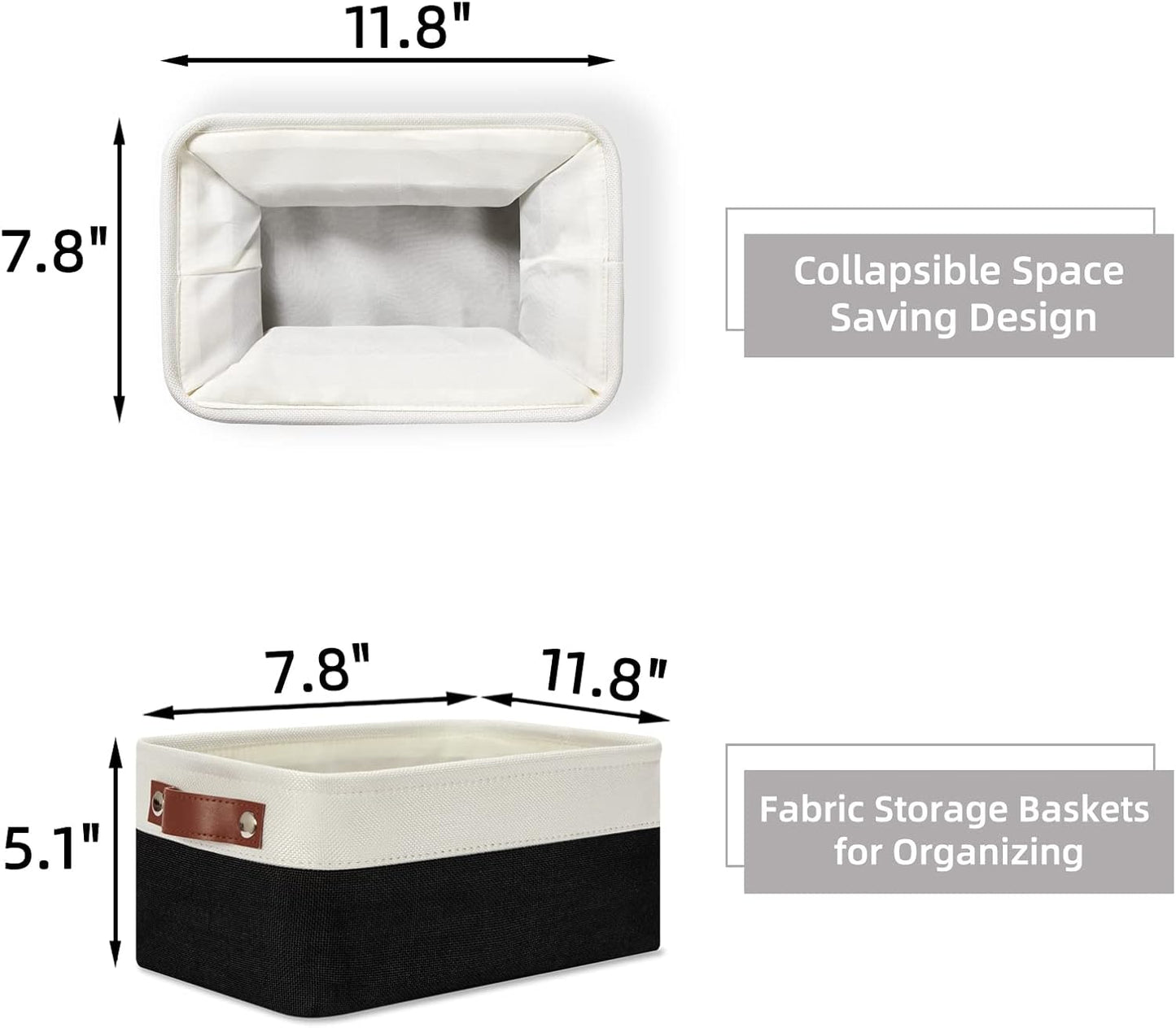 HNZIGE Small Storage Baskets (6 Pack) - Fabric Bins with Leather Handles, Foldable for Organizing (Black&White, 11.8" x 7.8" x 5.1")