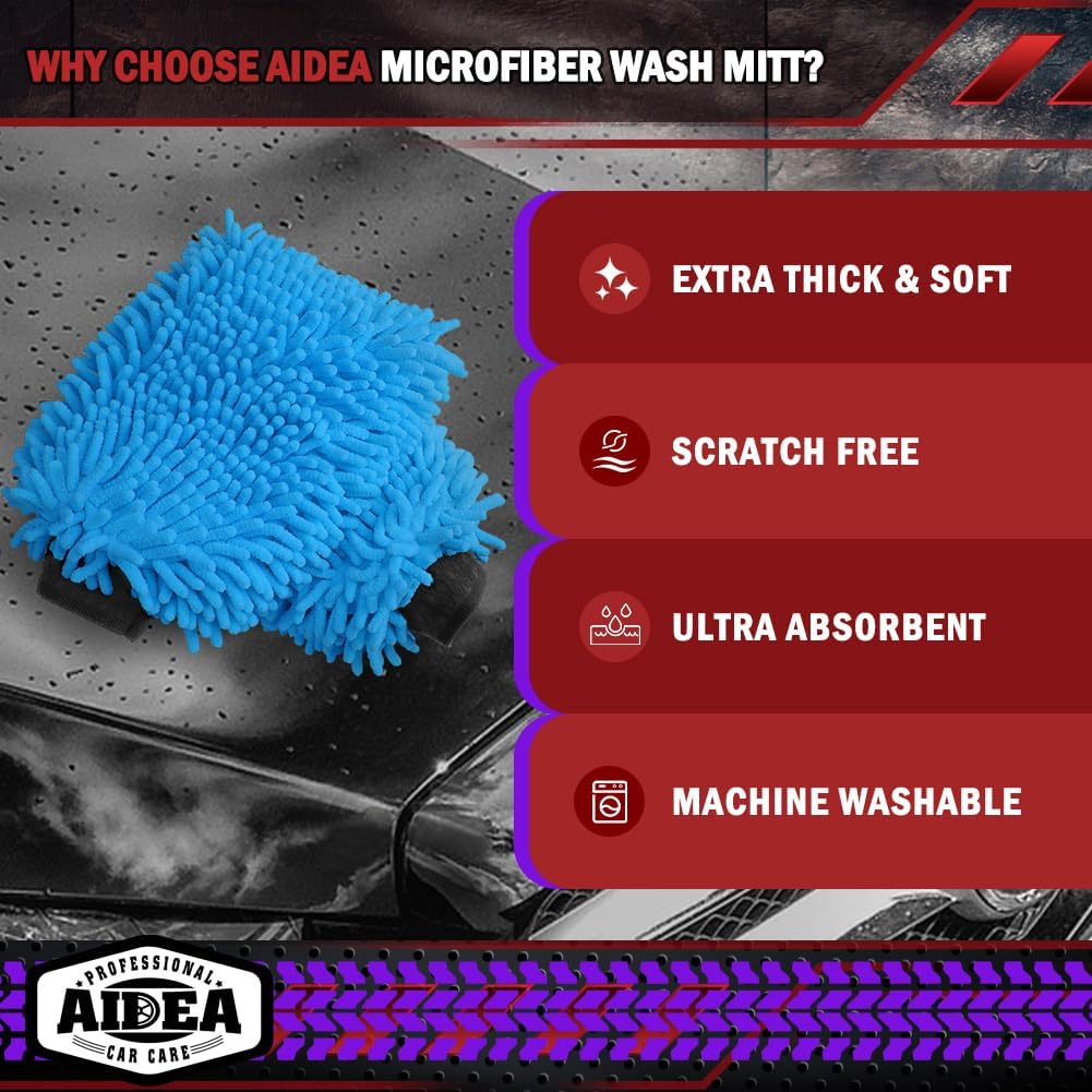 AIDEA Car Wash Mitt Microfiber 2PK, Scratch-Free& Lint-Free, Premium Chenille Microfiber Wash Mitt-Blue Extra Large Size (8''X12'')
